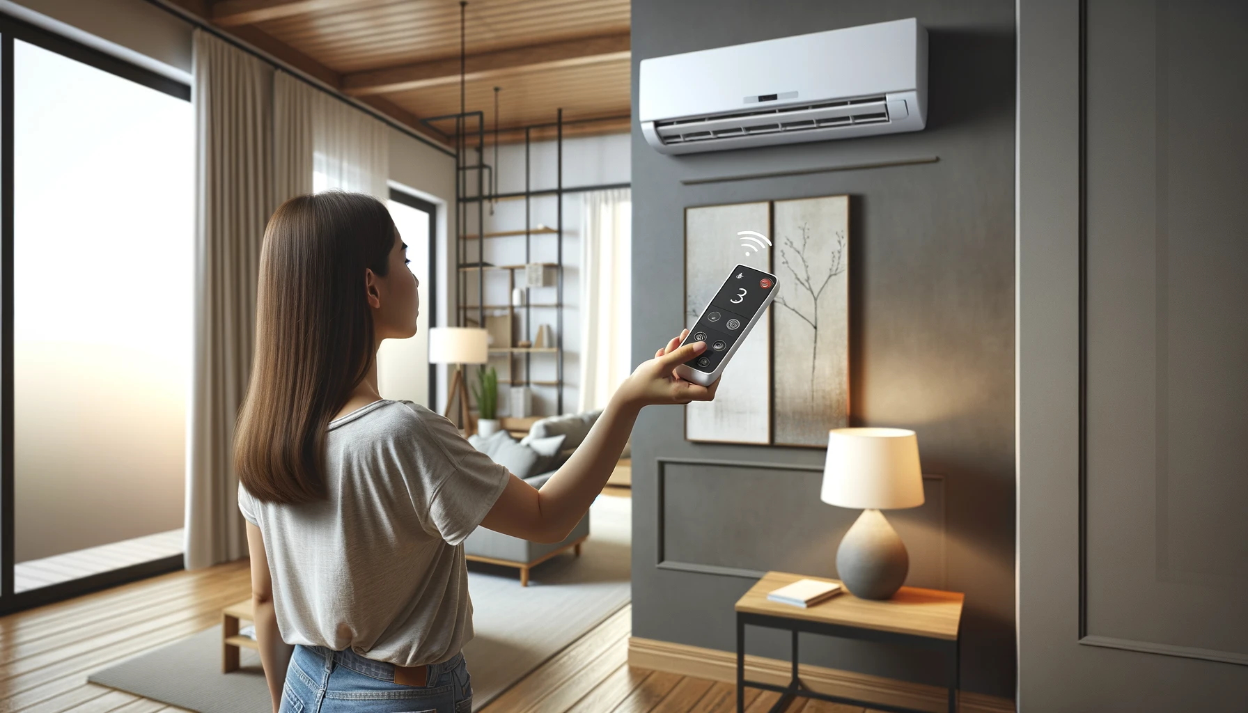 a woman is turning on an air conditioner with a remote control
