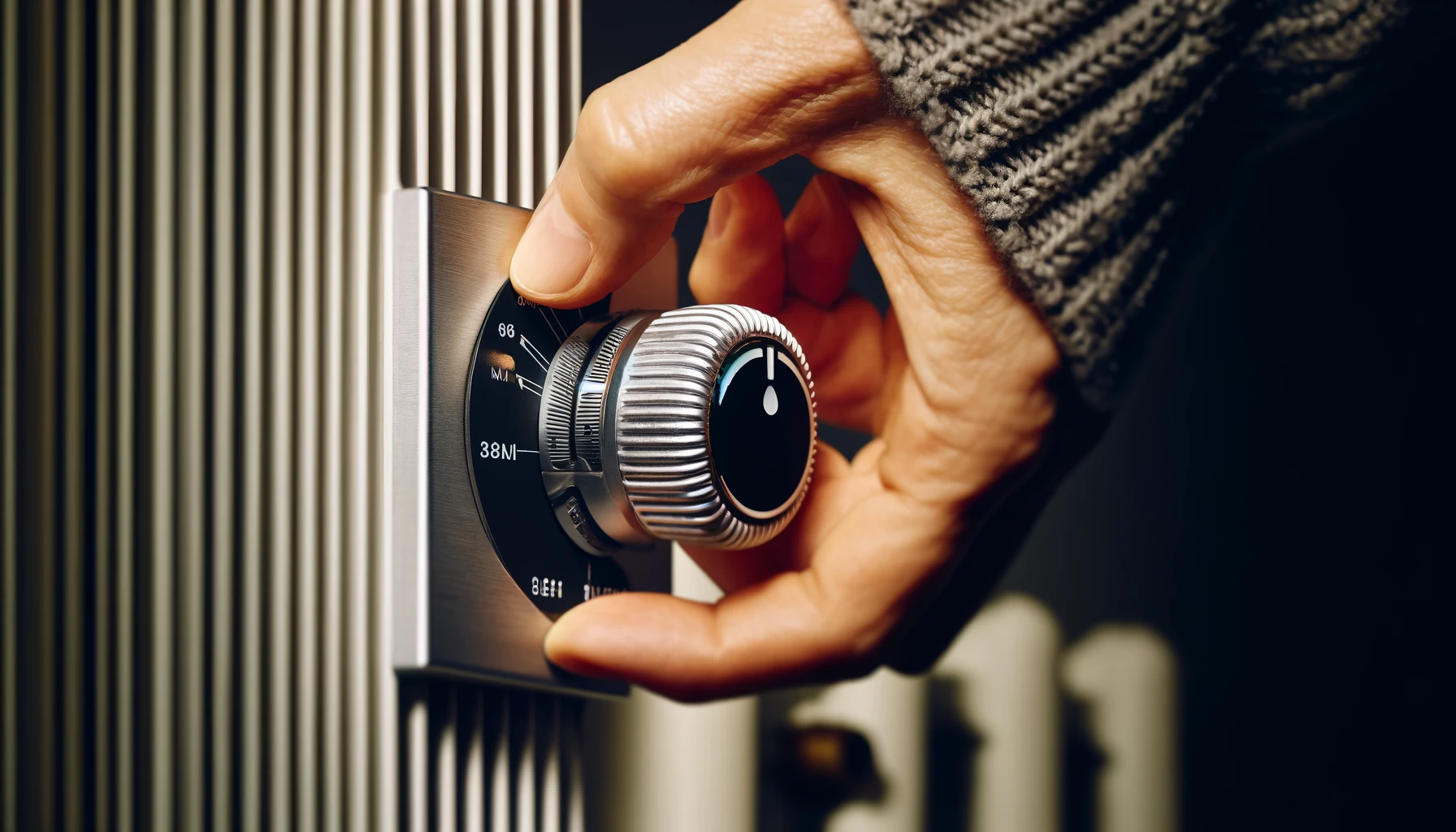 A close-up image showing a woman's hand gently adjusting a thermostat valve on a radiator