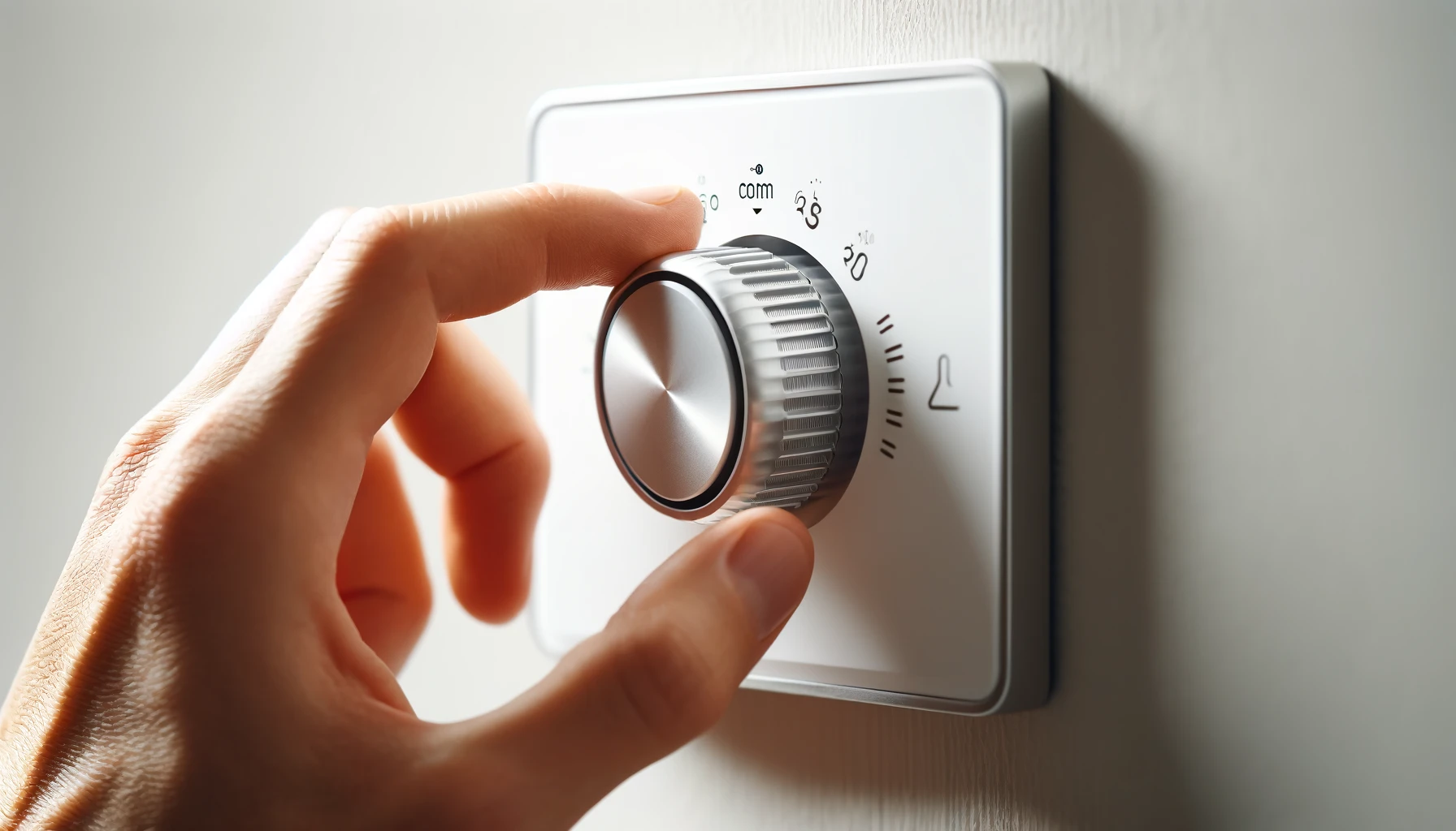 A close-up image of a central heating thermostat control dial being adjusted by a human hand.