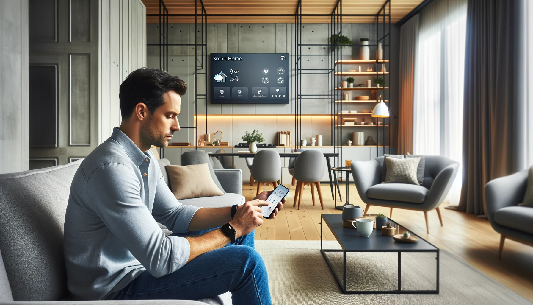 a man using a mobile phone with a smart home app in a modern living room