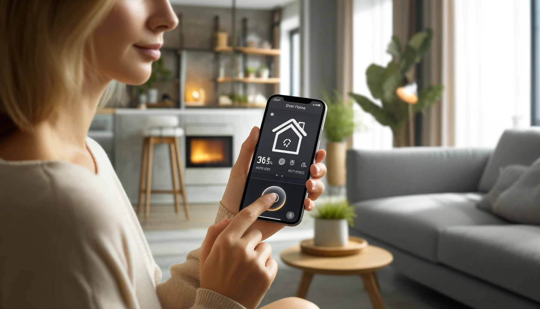 a woman holding a phone with a smart home application running for temperature control