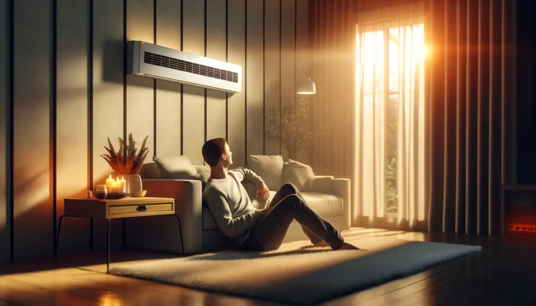 A man is sitting comfortably in a modern, cozy living room, enjoying the warmth of a wall-mounted infrared heater.