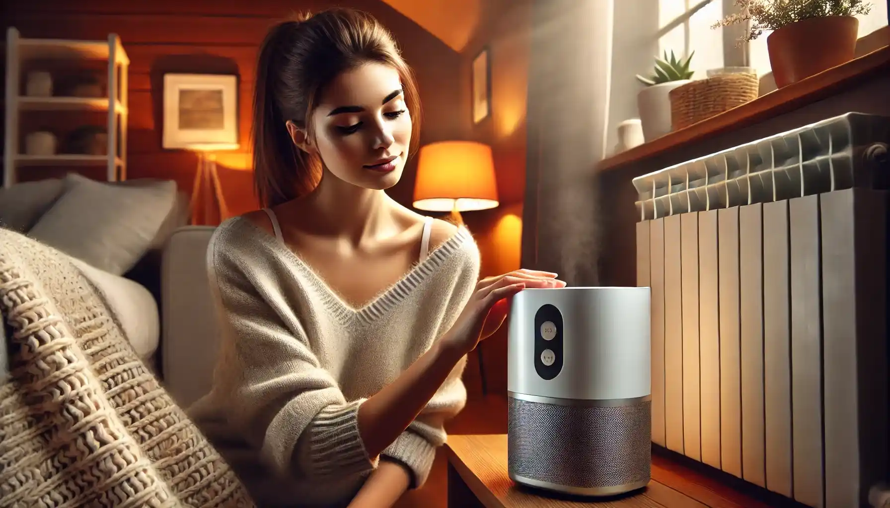 A woman is carefully placing a modern humidifier next to an electric heater to ensure a balanced indoor climate.